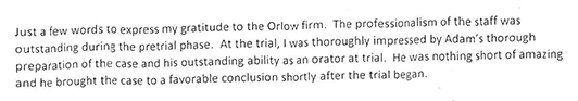 Testimonial for the Orlow Law Firm | New York Personal Injury Attorney