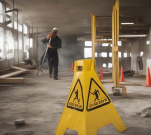 hazardous construction site with caution sign