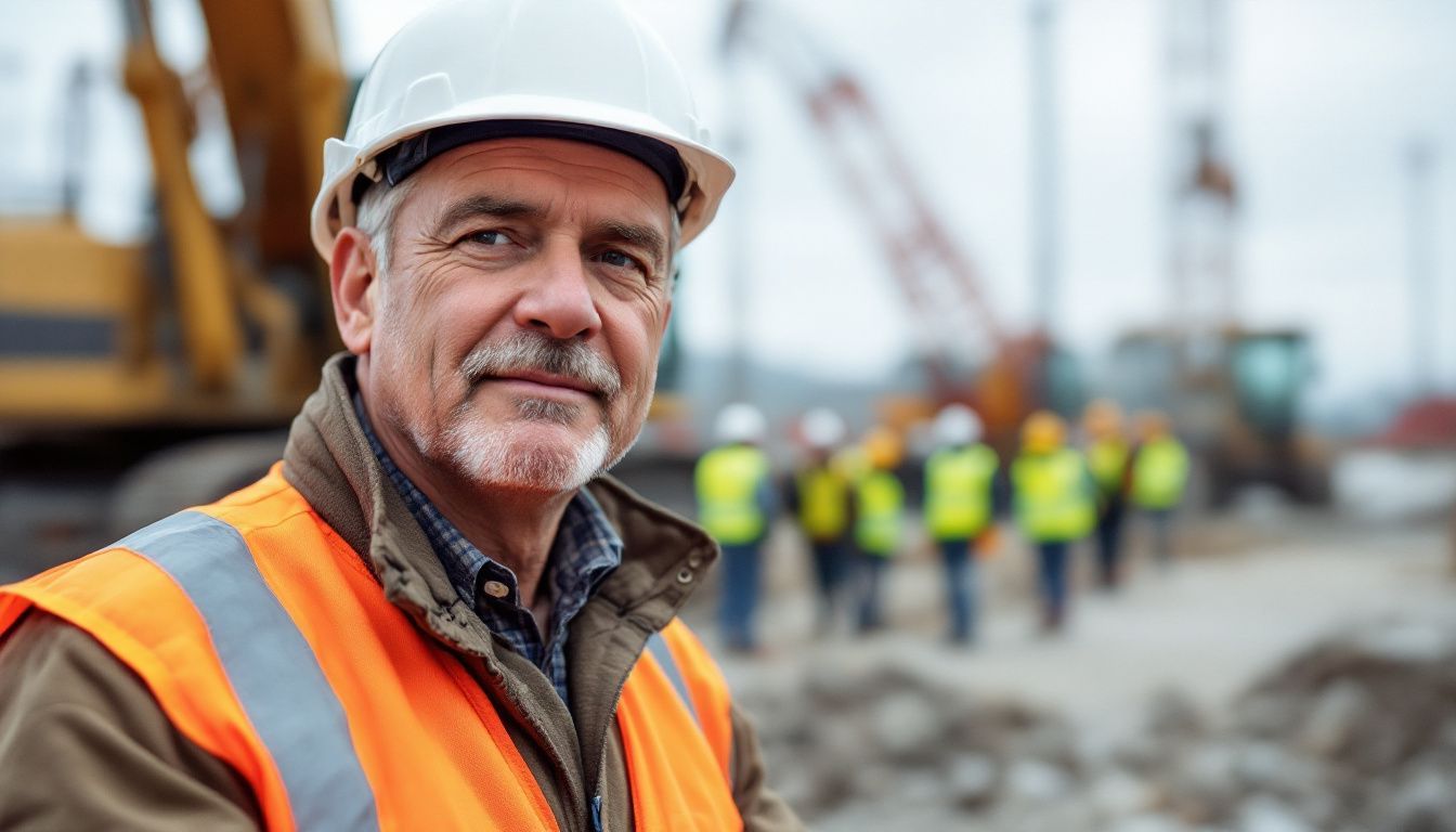 An employer inspects a construction site with workers and heavy machinery.