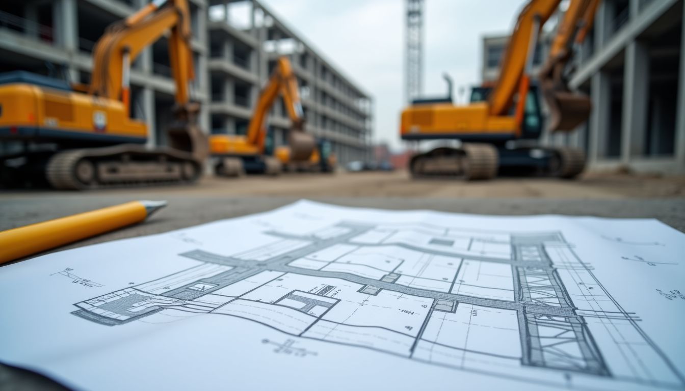 A blueprint and structural plan displayed at a construction site.