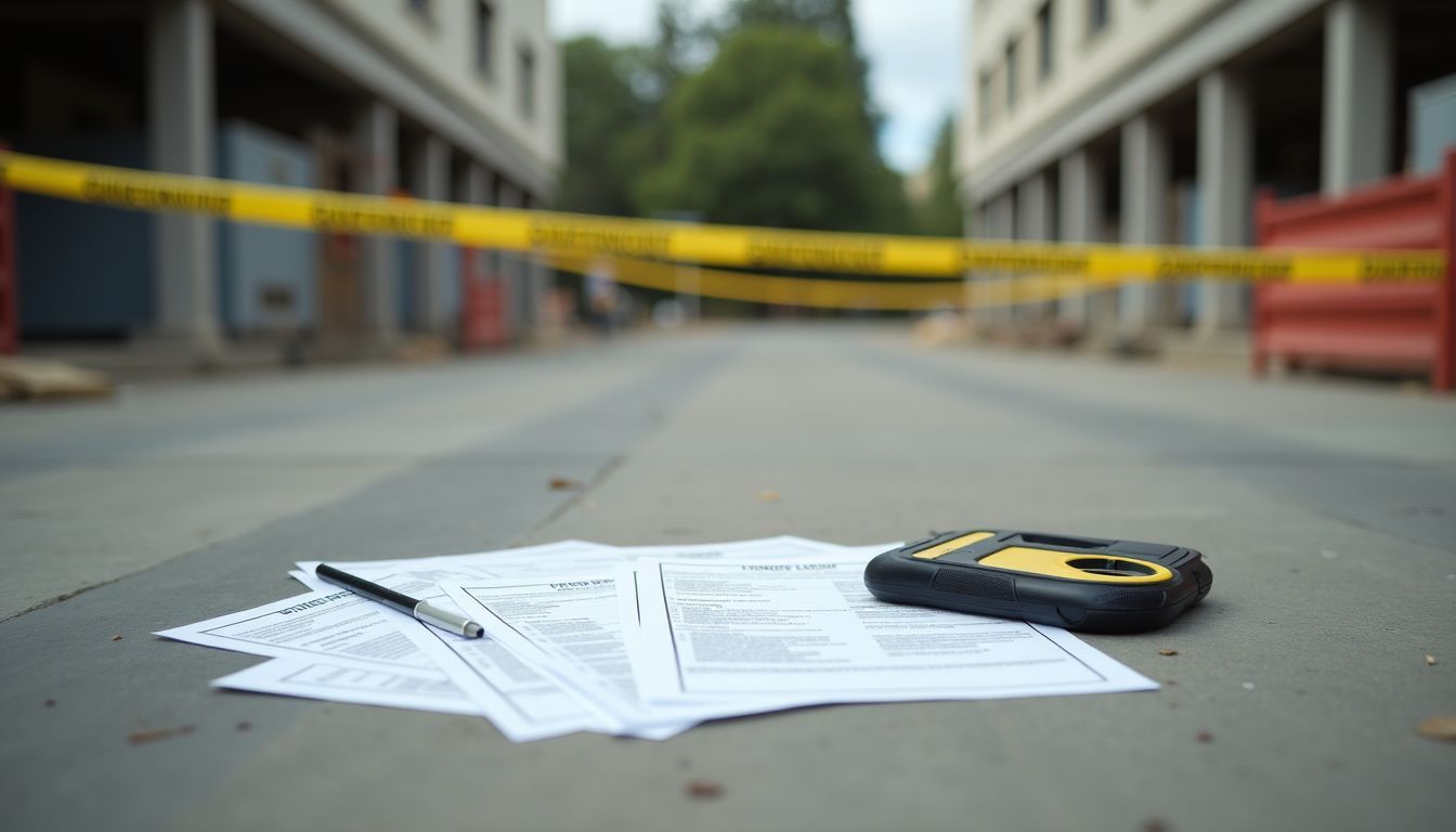 Deserted construction site with scattered safety equipment and permits.