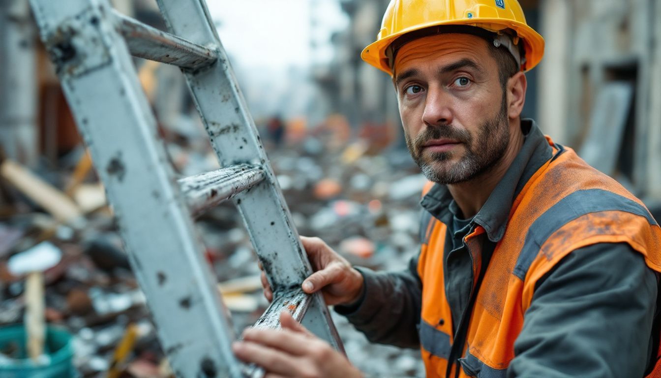 A construction worker inspects a broken ladder at a chaotic site.