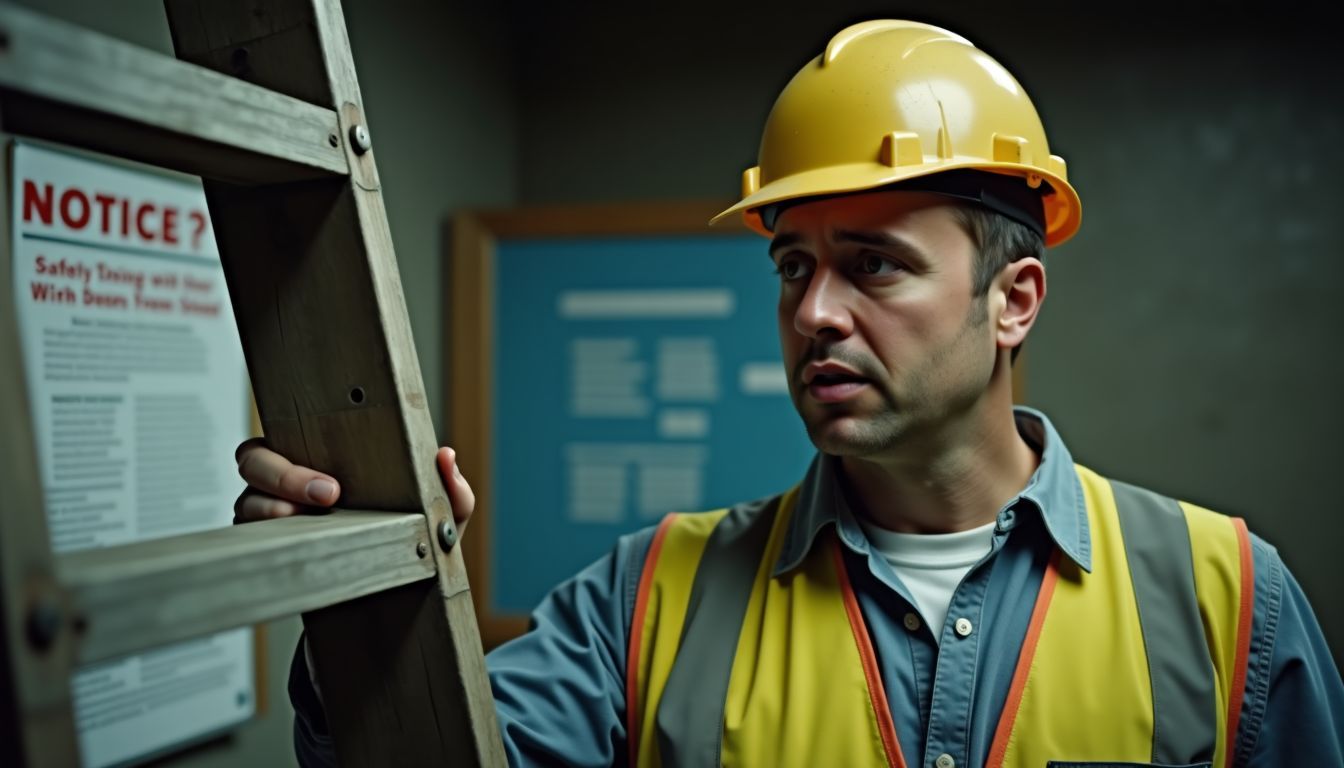 A construction worker examines a broken ladder at a dimly lit site.