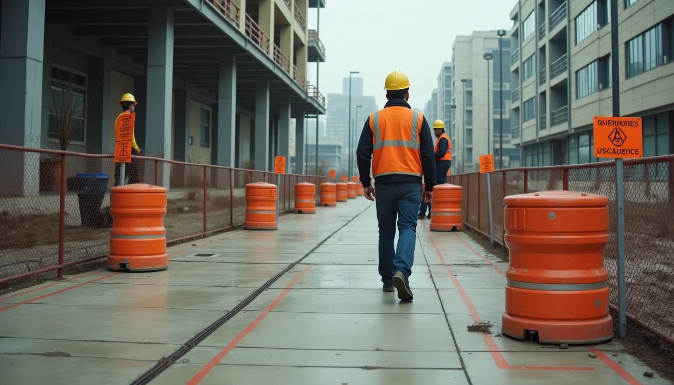 Unsafe construction site with hazardous equipment and warning signs.